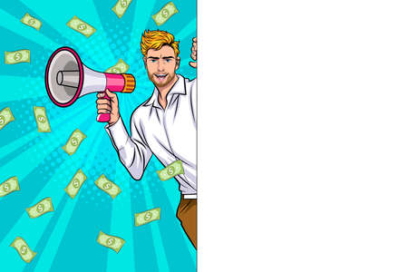 surprise shocking successful business man holding megaphone and Falling Money Pop art retro comic styleのイラスト素材