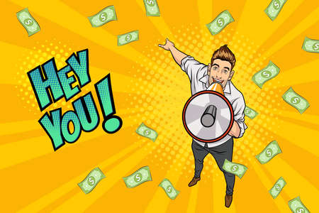 surprise shocking successful business man holding megaphone and Falling Money Pop art retro comic styleのイラスト素材