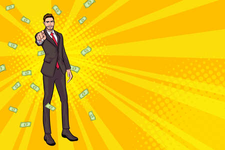 surprise business man successful and shocking with Falling Money Pop art retro comic styleのイラスト素材