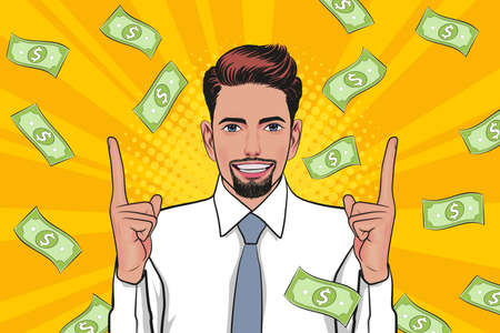 surprise business man successful and shocking with Falling Money Pop art retro comic style