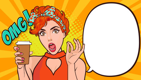 surprised Beautiful woman show drink with space for your text Retro lady with glass of coffee or beverage In Retro Vintage Pop Art Comic Styleのイラスト素材