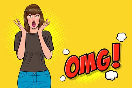 surprised woman OMG face wow and covered her mouth with her hands In Retro Vintage Pop Art Comic Styleのイラスト素材