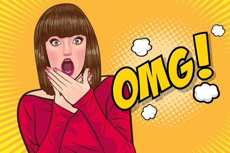 surprised woman OMG face wow and covered her mouth with her hands In Retro Vintage Pop Art Comic Styleのイラスト素材
