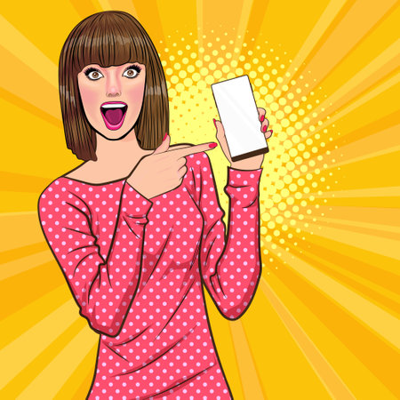 woman face wow and holding smartphone pop art retro comic styleのイラスト素材