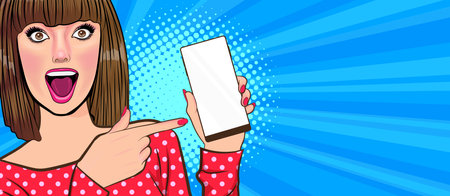 woman face wow and holding smartphone pop art retro comic styleのイラスト素材