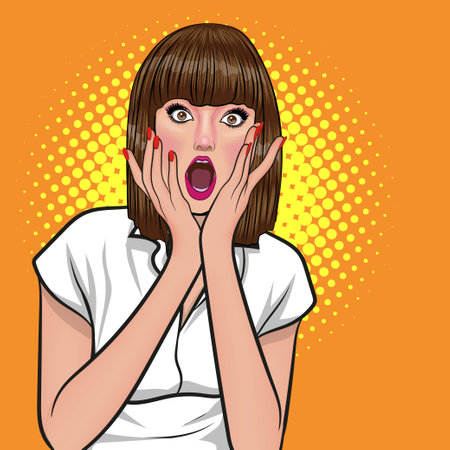 surprise short hair woman OMG looking wow covered mouth or hands up In Retro Vintage Pop Art Comic Styleのイラスト素材