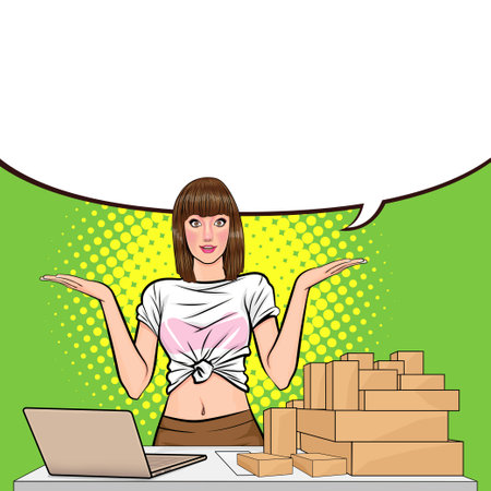 success woman holding parcel box selling products online in Pop Art Comic Styleのイラスト素材