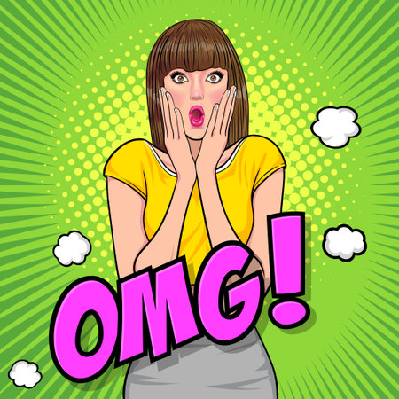 surprise short hair woman OMG looking wow covered mouth or hands up In Retro Vintage Pop Art Comic Styleのイラスト素材
