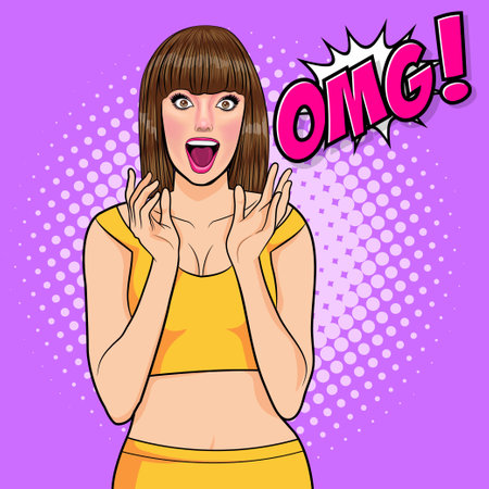 surprise short hair woman OMG face wow Retro Vintage Pop Art Comic Styleのイラスト素材