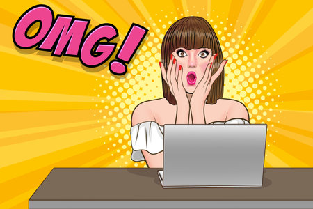 surprise short hair woman OMG looking wow covered mouth or hands up In Retro Vintage Pop Art Comic Styleのイラスト素材