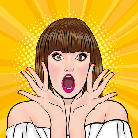 surprise short hair woman OMG looking wow covered mouth or hands up In Retro Vintage Pop Art Comic Styleのイラスト素材