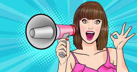 surprise successful business woman holding megaphone Pop art retro comic styleのイラスト素材