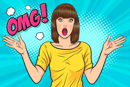 surprise short hair woman OMG looking wow covered mouth or hands up In Retro Vintage Pop Art Comic Styleのイラスト素材