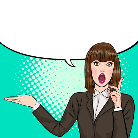 surprise short hair woman OMG face wow pointing Retro Vintage Pop Art Comic Styleのイラスト素材