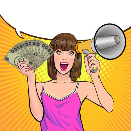 surprise successful business woman holding megaphone Pop art retro comic styleのイラスト素材