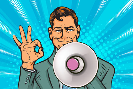 Business man with loudspeaker megaphone announcing discount or sale Special offer shopping time, protest or meeting In Retro Vintage Pop Art Comic Styleのイラスト素材