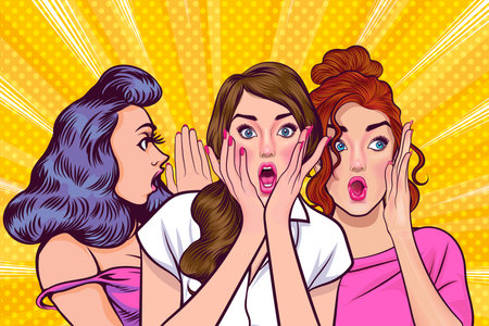 Woman whispering gossip or secret to her friend surprise In Retro Vintage Pop Art Comic Styleのイラスト素材