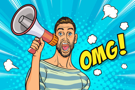 Business man with loudspeaker megaphone announcing discount or sale Special offer shopping time,...