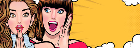 Woman whispering gossip or secret to her friend surprise In Retro Vintage Pop Art Comic Style