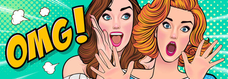 Woman whispering gossip or secret to her friend surprise In Retro Vintage Pop Art Comic Style