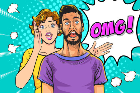 people whispering gossip or business secret to friend surprised In Retro Vintage Pop Art Comic Styleのイラスト素材