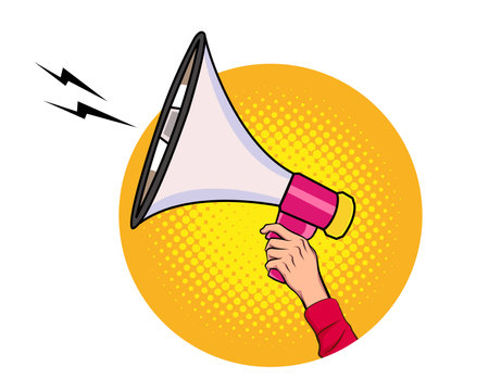Hand holds megaphone bullhorn in retro pop art comic style Advertising Business banner with Loudspeakerのイラスト素材
