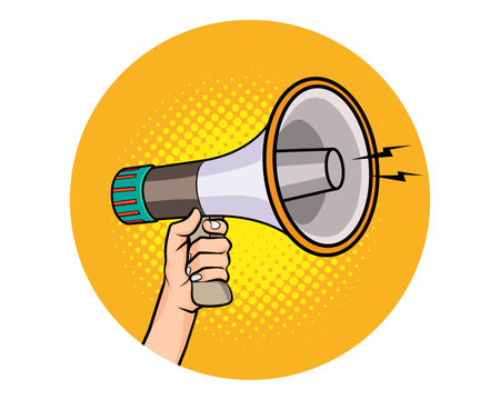 Hand holds megaphone bullhorn in retro pop art comic style Advertising Business banner with Loudspeakerのイラスト素材