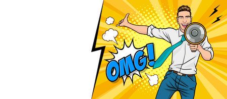 Business man with loudspeaker megaphone announcing discount or sale Special offer shopping time, protest or meeting In Retro Vintage Pop Art Comic Styleのイラスト素材