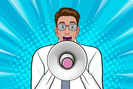 Business man with loudspeaker megaphone announcing discount or sale Special offer shopping time, protest or meeting In Retro Vintage Pop Art Comic Styleのイラスト素材