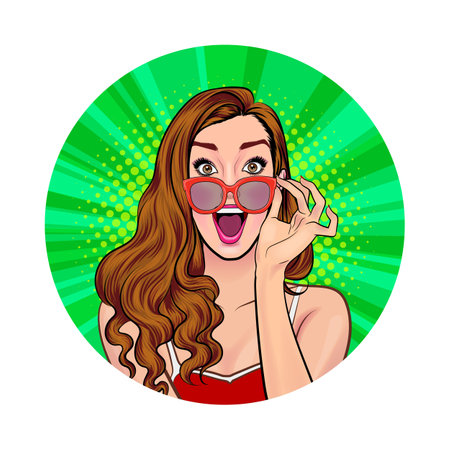 Avatar of woman or business person in various poses, circle background, retro pop art comics style.のイラスト素材