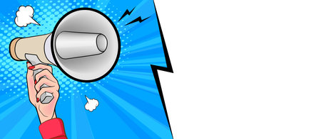 Hand holds megaphone bullhorn in retro pop art comic style Advertising Business banner with Loudspeakerのイラスト素材