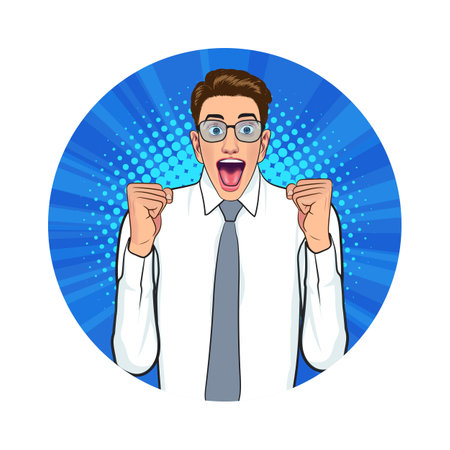 Avatar of man or business person in various poses, circle background, retro pop art comics style.のイラスト素材