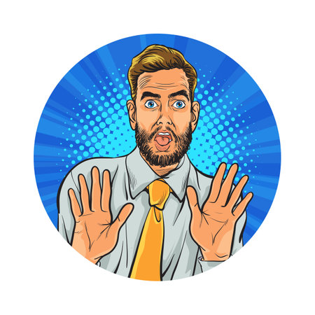 Avatar of man or business person in various poses, circle background, retro pop art comics style.のイラスト素材