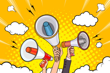Hand holds megaphone bullhorn in retro pop art comic style Advertising Business banner with Loudspeakerのイラスト素材