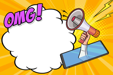 Hand holds megaphone bullhorn in retro pop art comic style Advertising Business banner with Loudspeakerのイラスト素材