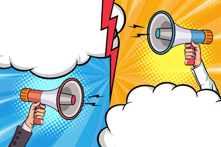 Hand holds megaphone bullhorn in retro pop art comic style Advertising Business banner with Loudspeakerのイラスト素材