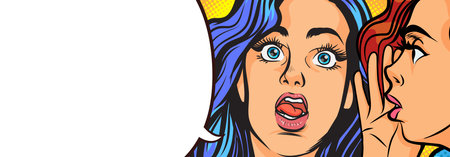 Woman whispering gossip or secret to her friend surprise In Retro Vintage Pop Art Comic Style