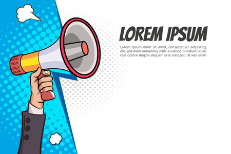 Hand holds megaphone bullhorn in retro pop art comic style Advertising Business banner with Loudspeakerのイラスト素材