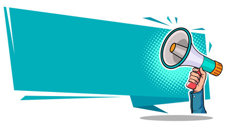 Hand holds megaphone bullhorn in retro pop art comic style Advertising Business banner with Loudspeakerのイラスト素材