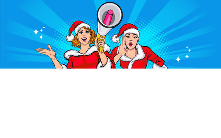 merry christmas santa and snowman reindeer elf with Christmas girl in red dress in pop art comic styleのイラスト素材