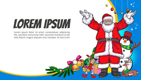 merry christmas santa and snowman reindeer elf with Christmas girl in red dress in pop art comic styleのイラスト素材