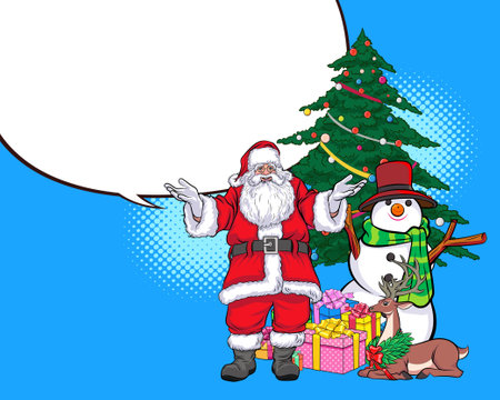 merry christmas santa and snowman reindeer elf with Christmas in pop art comic styleのイラスト素材
