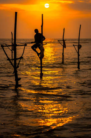 Silhouettes of the traditional fishermen at the sunset in Sri Lankaの写真素材