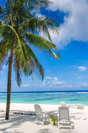Two beach chairs on perfect tropical white sand beach in Maldivesの写真素材