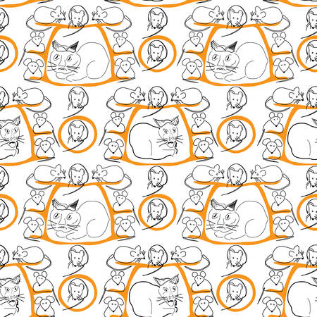 Cat and Mice Seamless Pattern on White Illustrationのイラスト素材