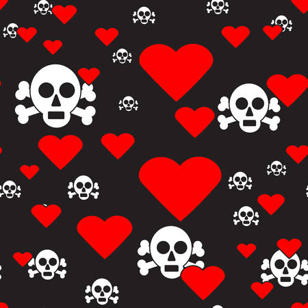 Sculls and Hearts on Black Seamless Patternのイラスト素材
