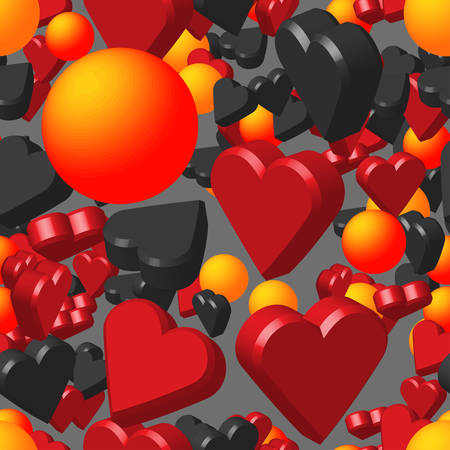Red Black Hearts and Balls on Gray Seamless Patternのイラスト素材