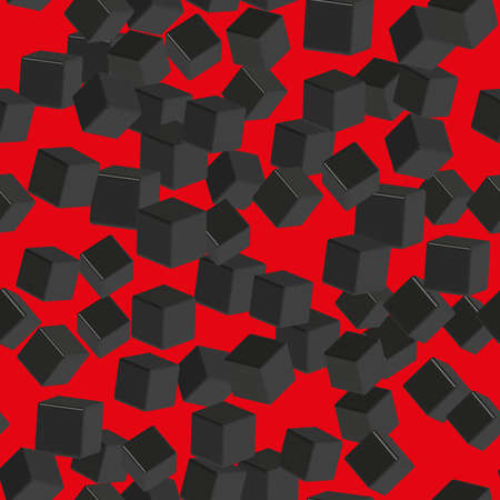 Black Cubes Seamless Pattern, 3D Illustration on Red Backgroundのイラスト素材