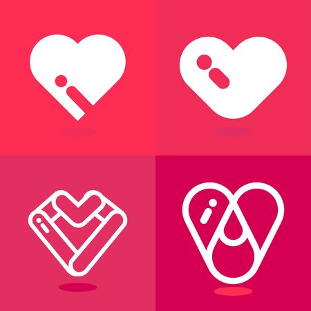 4 styles of white heart with exclamation mark as a shadow on the different tone of shocking pink.のイラスト素材