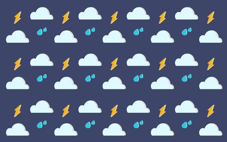 repeated 3 dimensions simple graphic icons make seamless pattern of cloud accompanied with rain drops and thunderbolt on the dark blue background.のイラスト素材